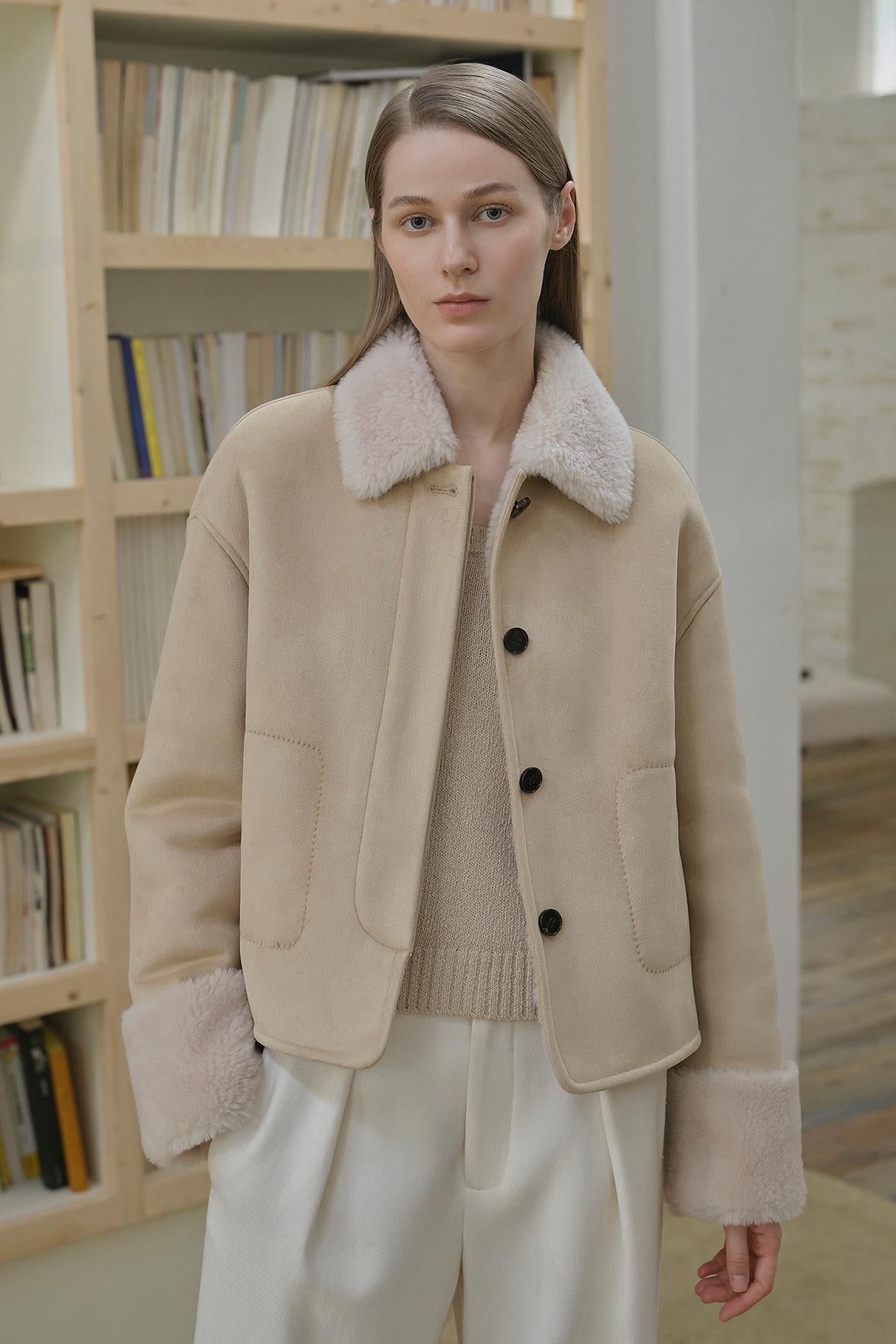 Fireladyfur Women's Casual Shearling Jacket With Furry Lapel