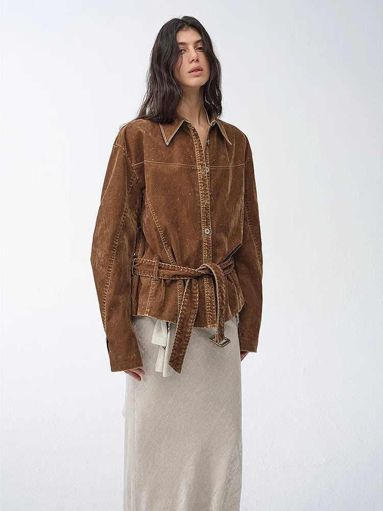 "Haruno Dream" Retro Distressed Flocked Denim Low Waistband Long Sleeve Shirt Women's Jacket