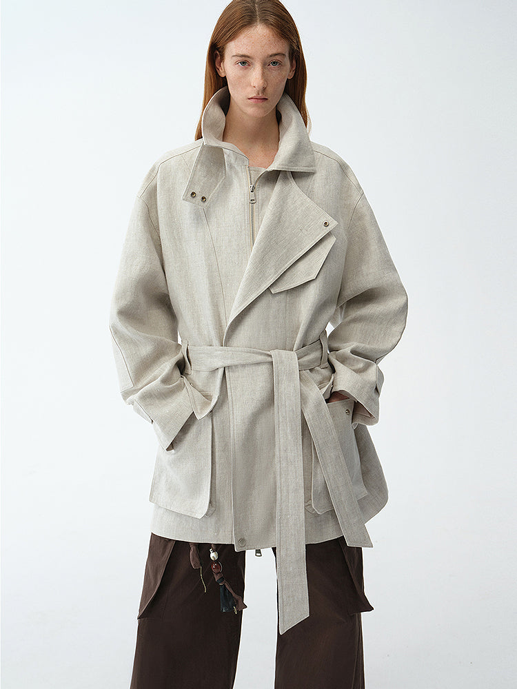 Relaxed Gold Linen Blend Lace-Up Mid-Length Trench Coat Spring"Flynn Magazine"