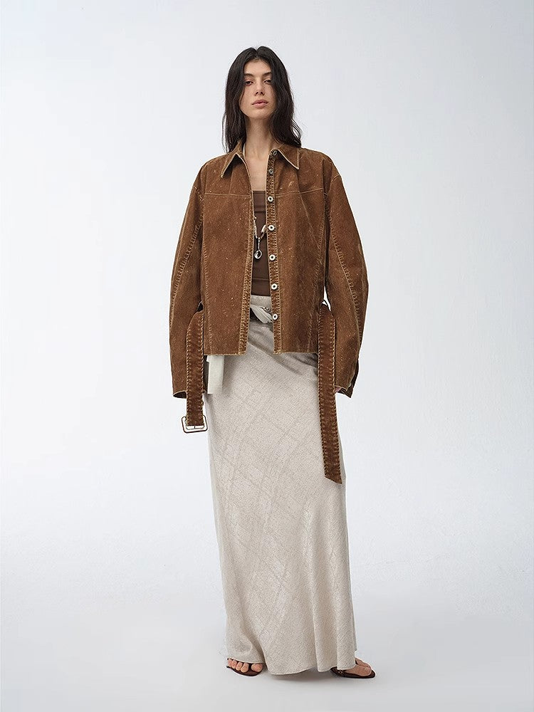 "Haruno Dream" Retro Distressed Flocked Denim Low Waistband Long Sleeve Shirt Women's Jacket