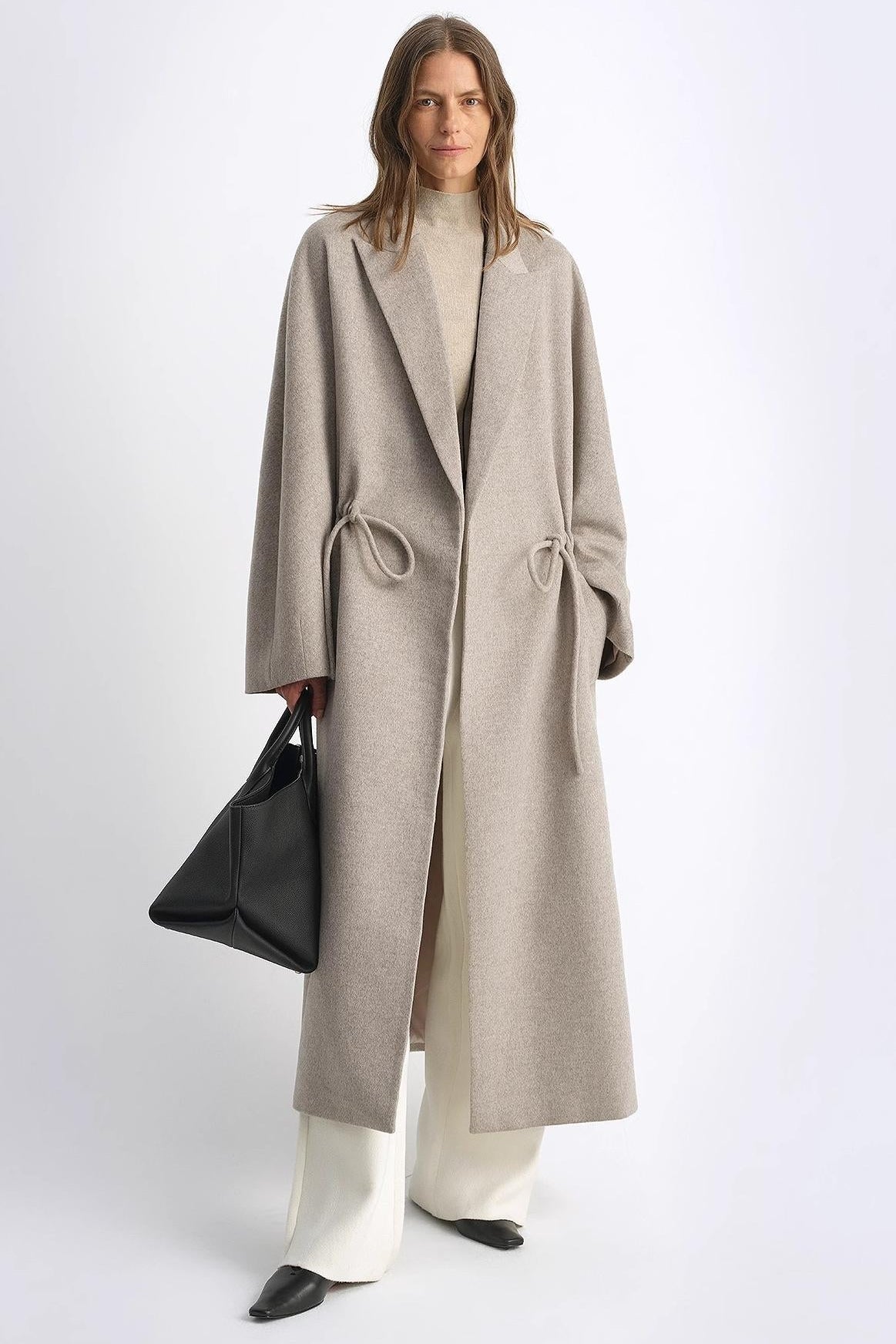 "Desert Heart"women's Original Color Wool Peaked Lapel Drawstring Mid-Length Wool Coat