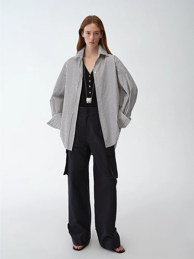 "Striped Fantasy" Casual Asymmetric Slanted Front Two-Wear Striped Long Sleeve Shirt