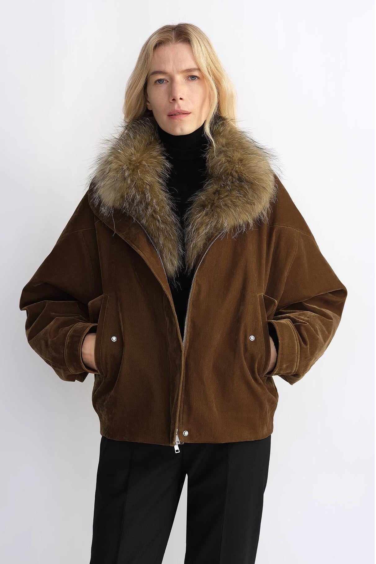 Fireladyfur Women's Loose Parka With Detachable Raccoon Fur Collar