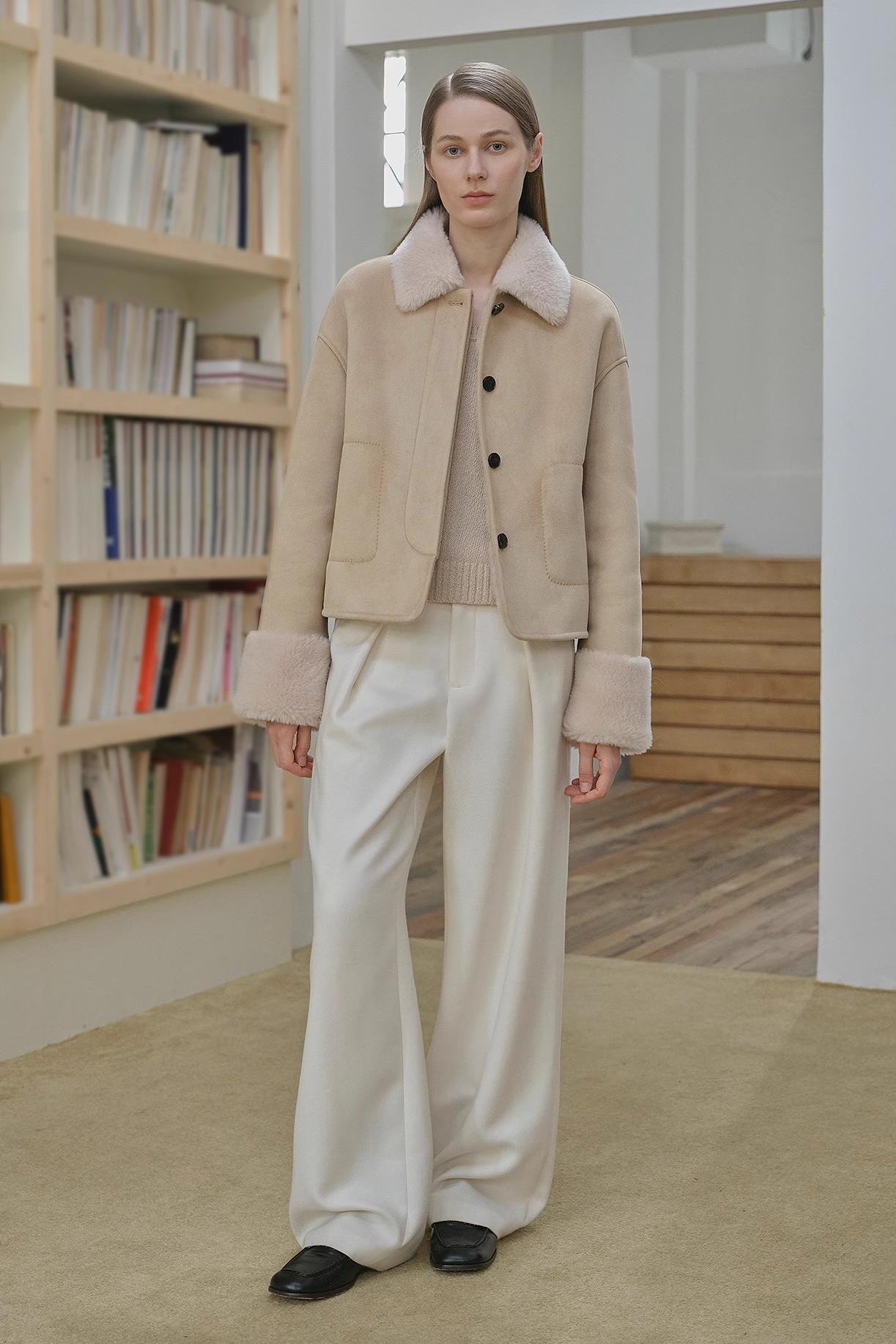 Fireladyfur Women's Casual Shearling Jacket With Furry Lapel