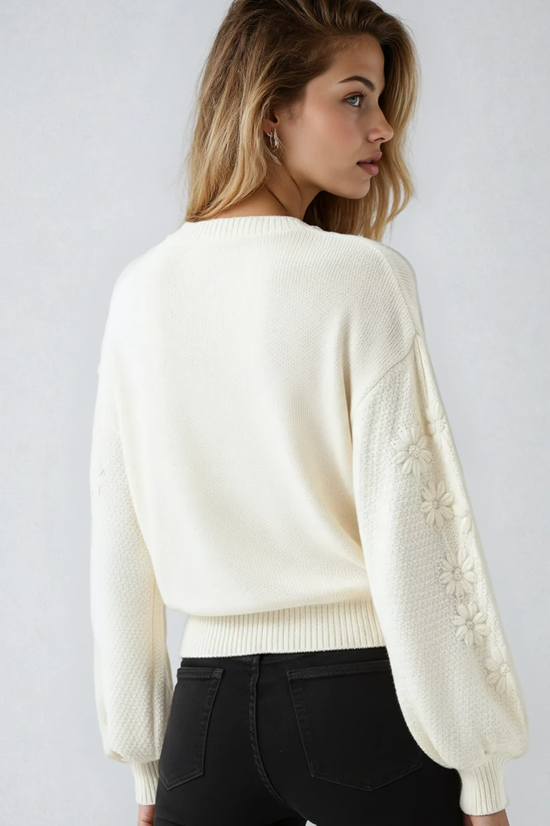 Embroidered 3D Daisy Knit Sweater