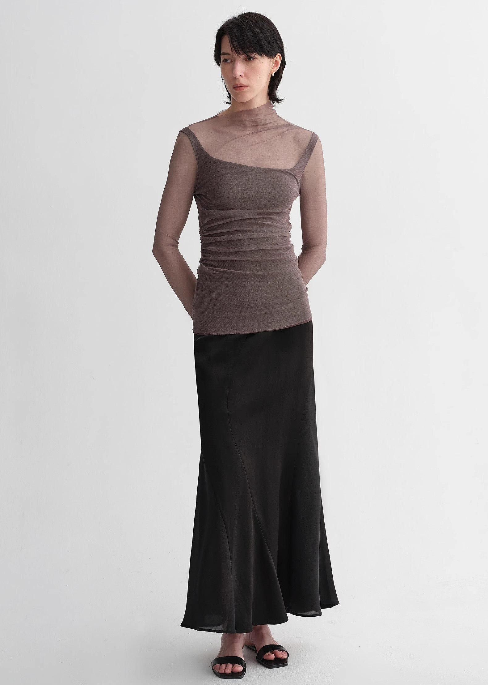 Double-Layer Transparent Oblique Collar Pinched Pleat Half-High