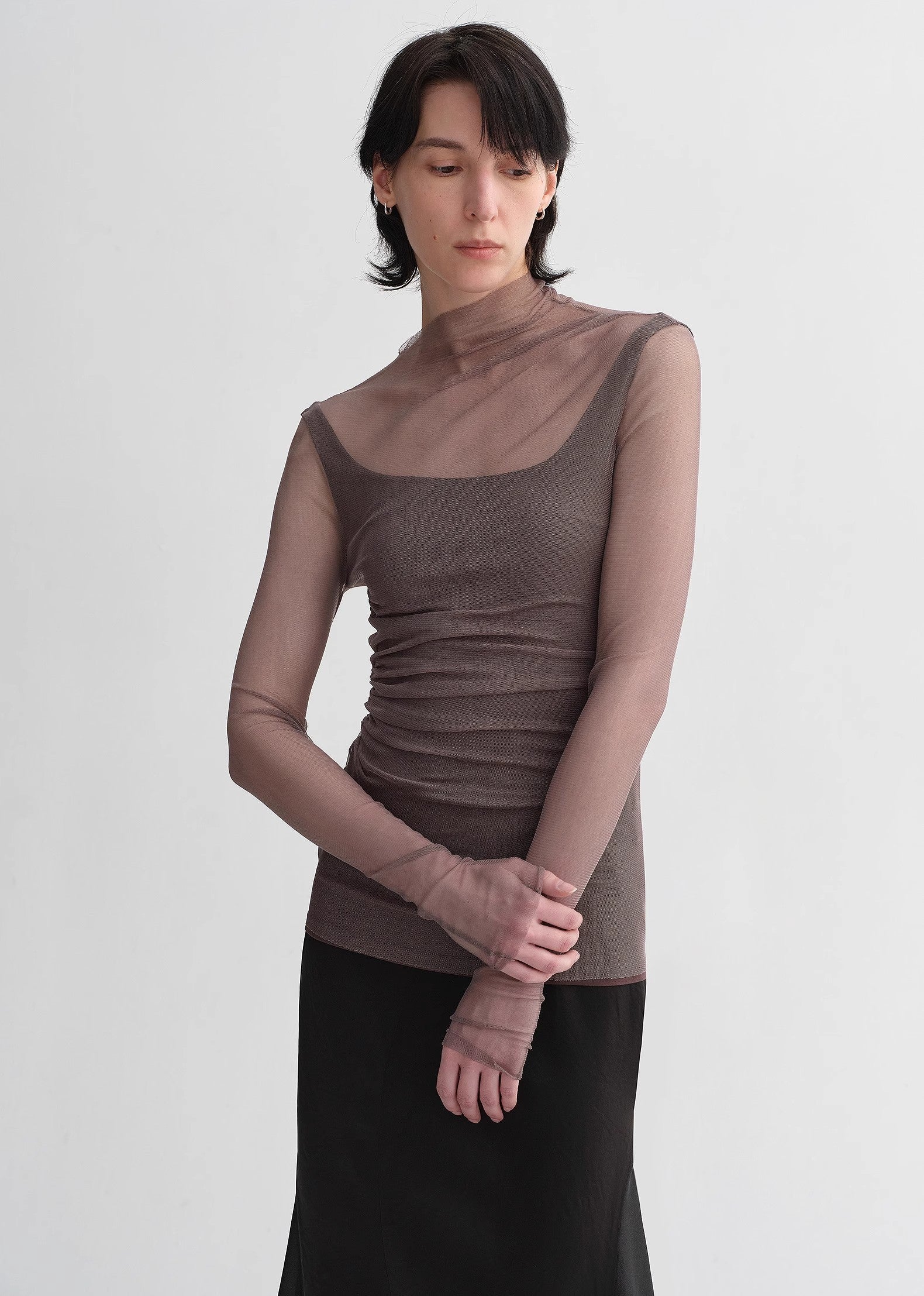 Double-Layer Transparent Oblique Collar Pinched Pleat Half-High