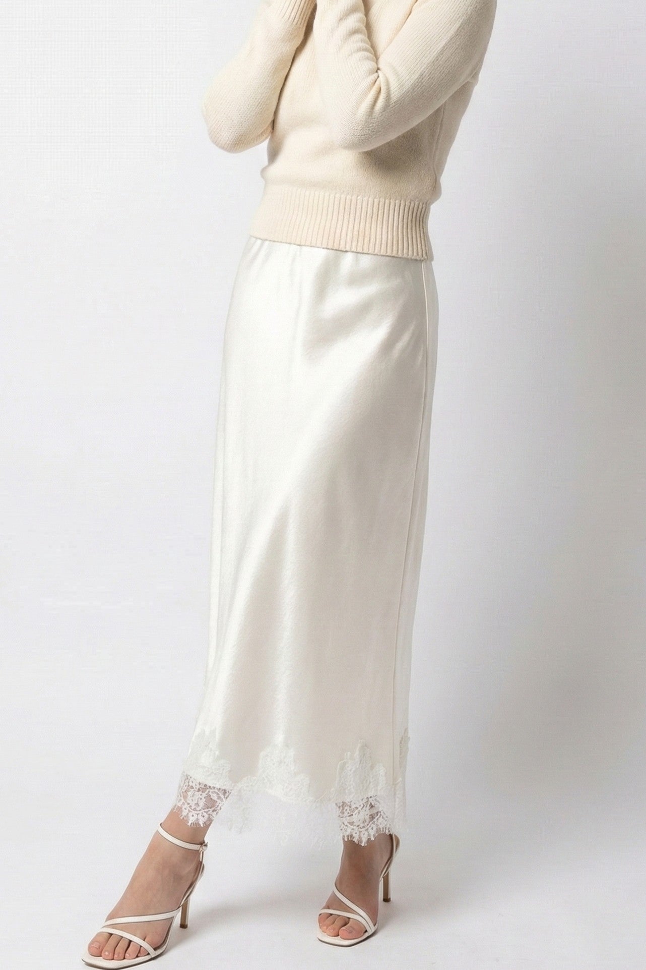 Satin Midi Skirt With Lace Trim