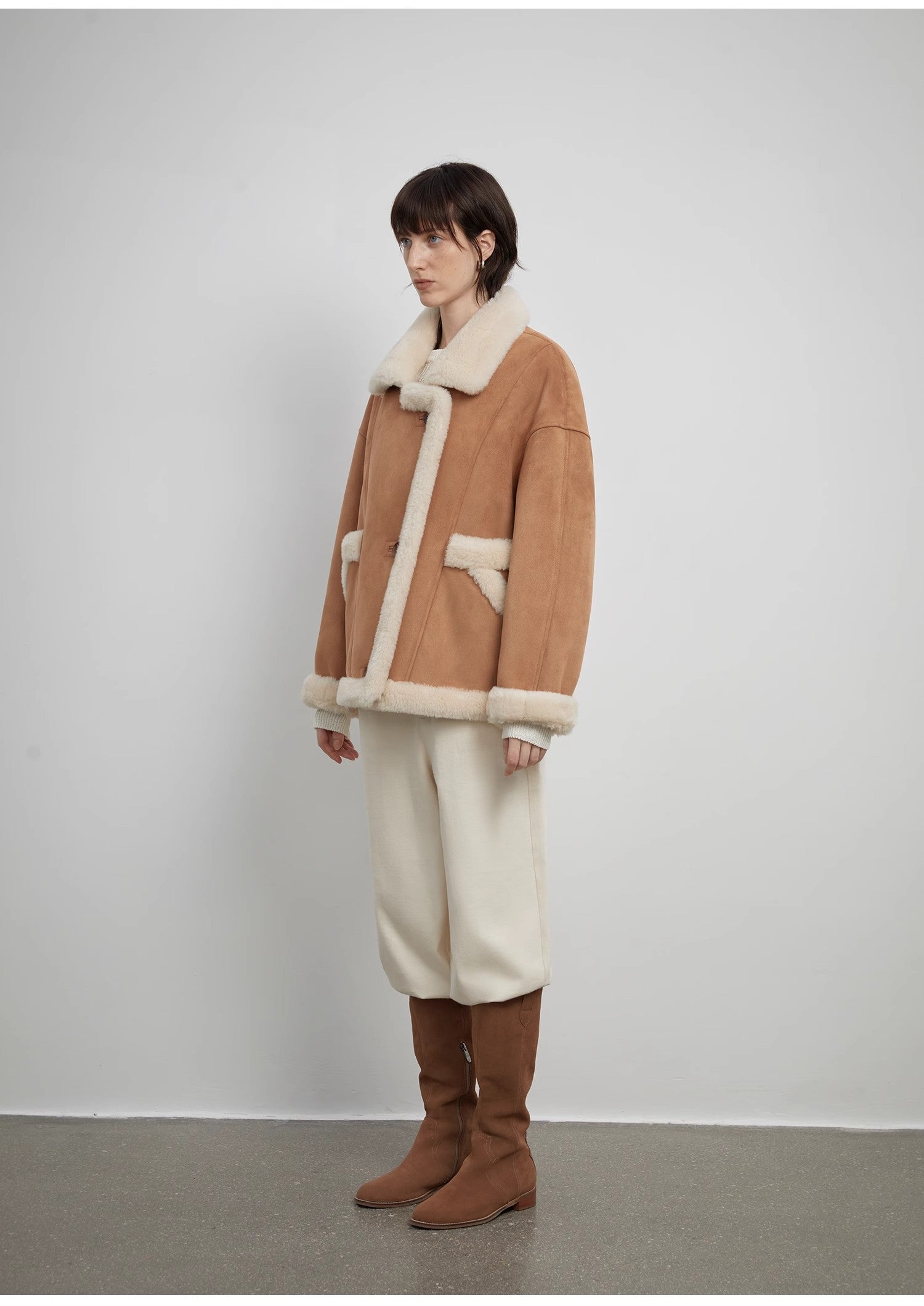 “Shepherds” Lapel Biker Wind Wool Artificial Compound Suede Shearling Coat  Female
