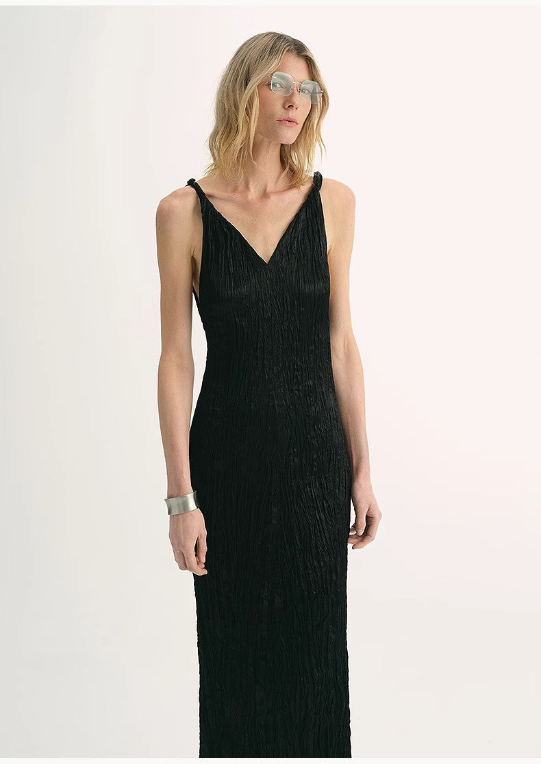 Three-Dimensional Wave Drape Pleated V-Neck Suspender Dress