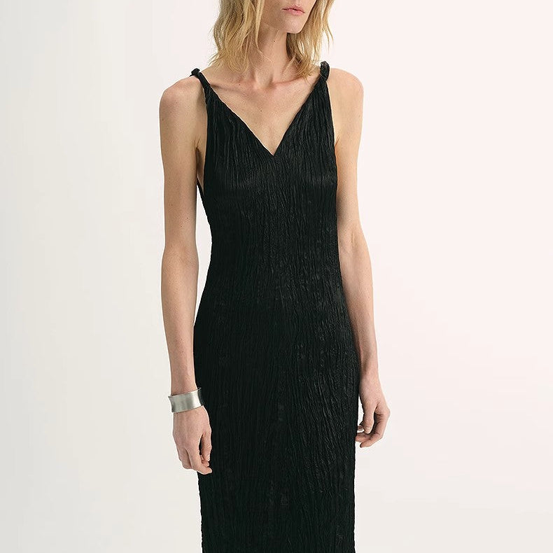 Three-Dimensional Wave Drape Pleated V-Neck Suspender Dress