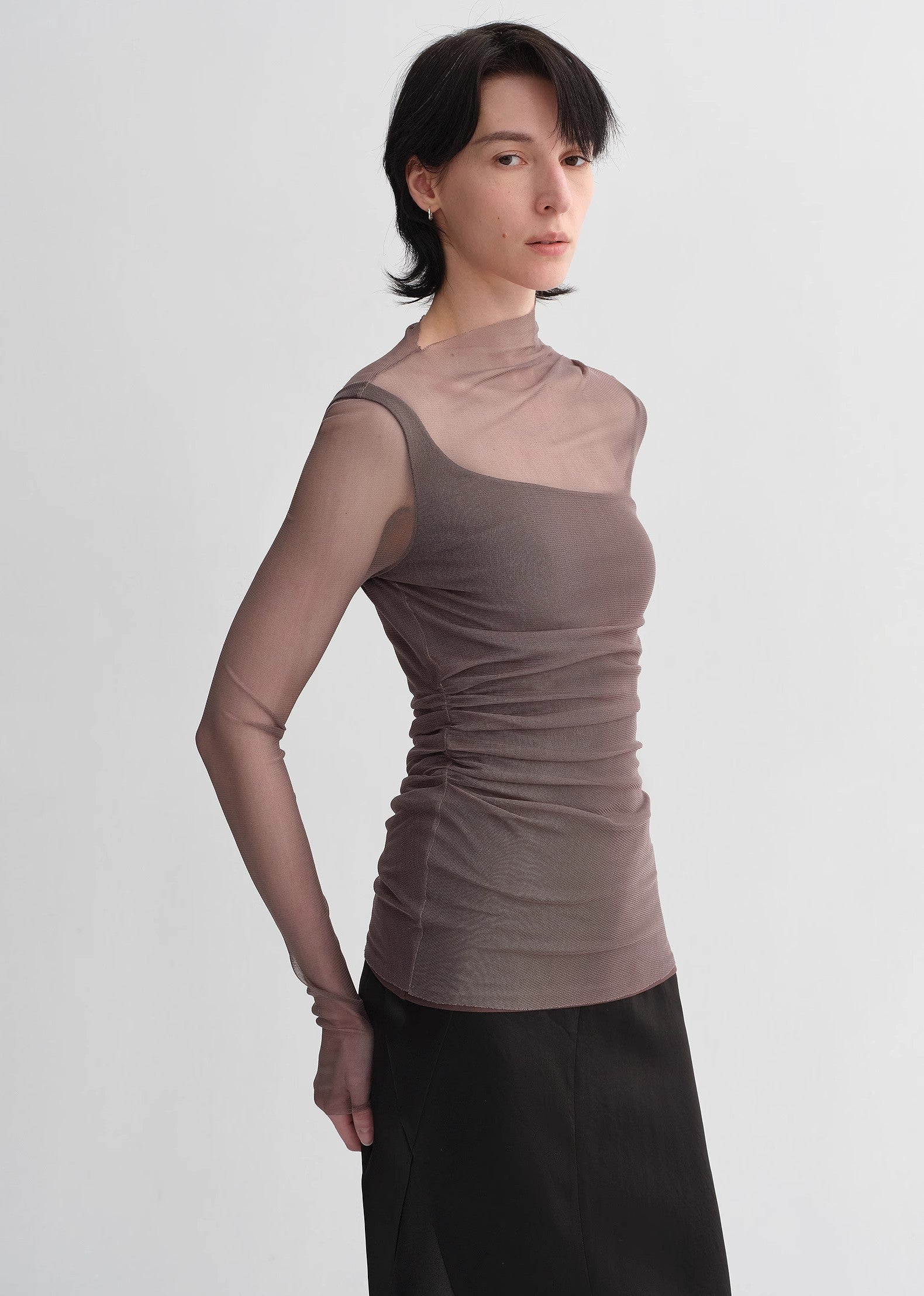 Double-Layer Transparent Oblique Collar Pinched Pleat Half-High