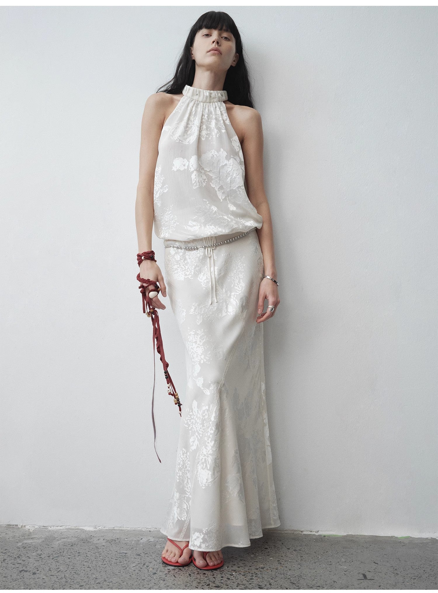 "Seville" Bias-Cut Fishtail Midi Skirt in Burnt Pattern Material