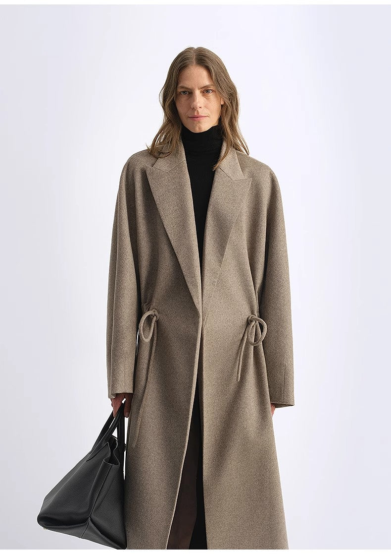 "Desert Heart"women's Original Color Wool Peaked Lapel Drawstring Mid-Length Wool Coat