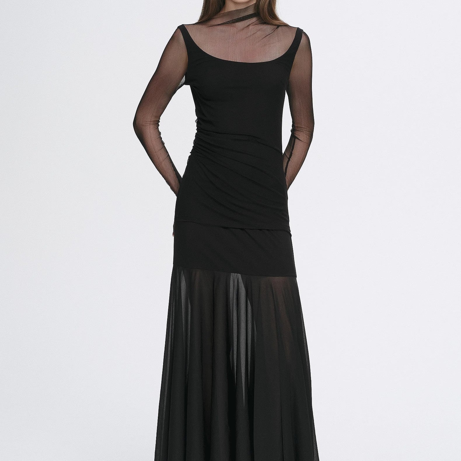 Double-Layer Transparent Oblique Collar Pinched Pleat Half-High