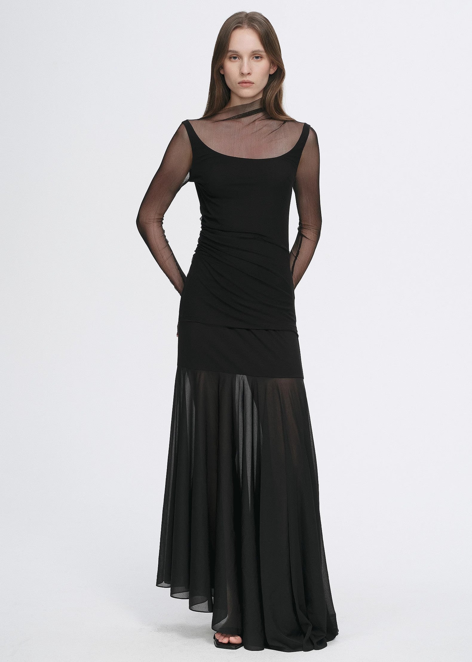 Double-Layer Transparent Oblique Collar Pinched Pleat Half-High