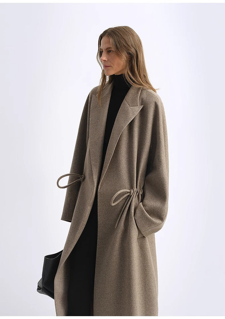 "Desert Heart"women's Original Color Wool Peaked Lapel Drawstring Mid-Length Wool Coat