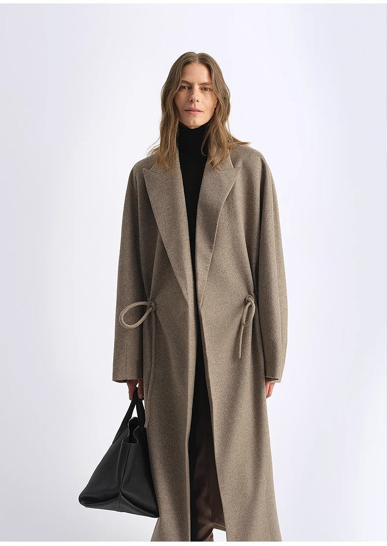 "Desert Heart"women's Original Color Wool Peaked Lapel Drawstring Mid-Length Wool Coat