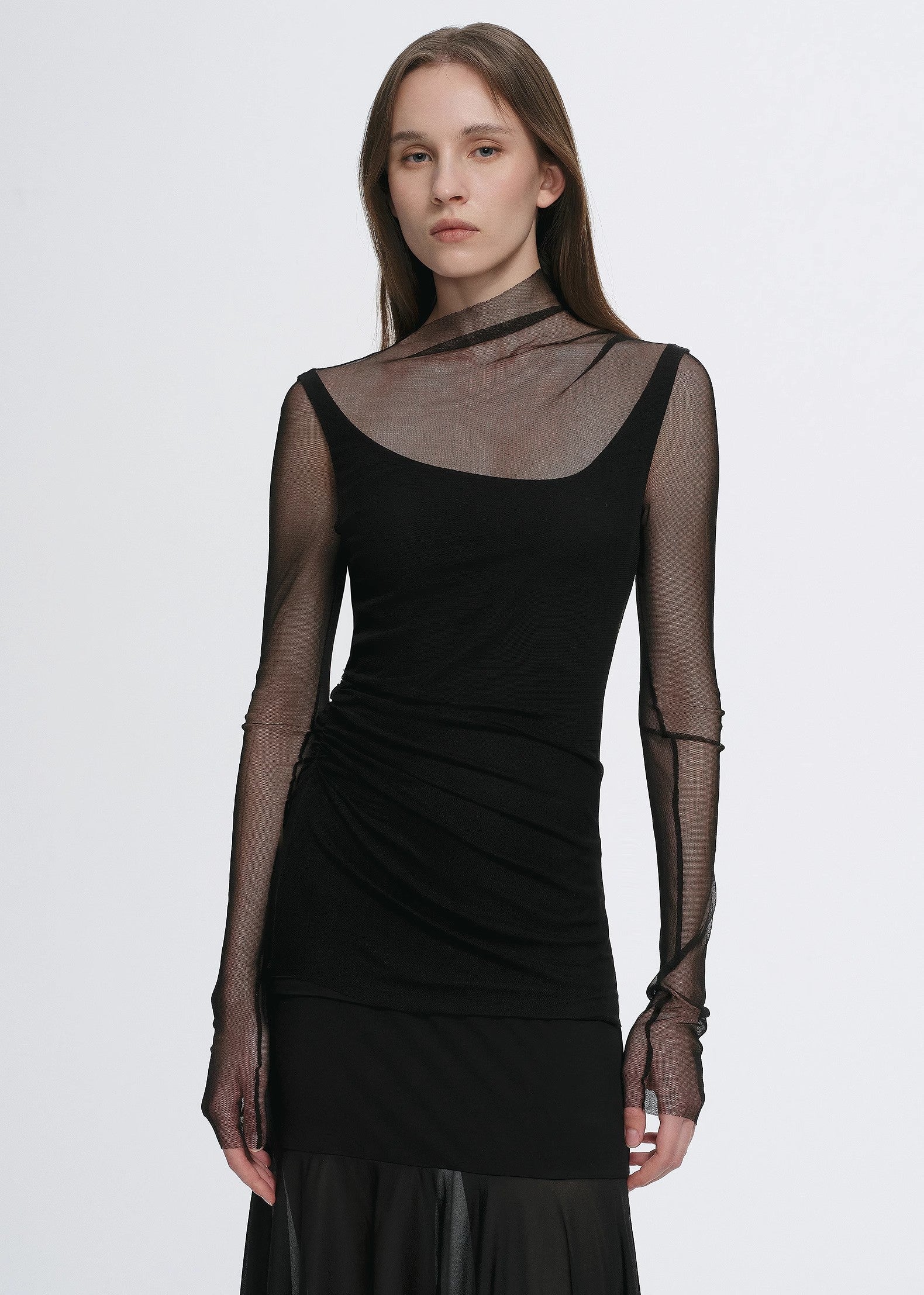 Double-Layer Transparent Oblique Collar Pinched Pleat Half-High