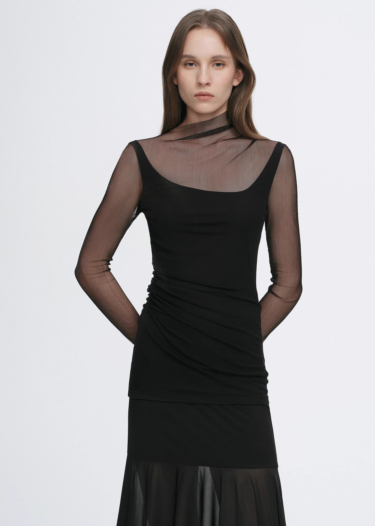 Double-Layer Transparent Oblique Collar Pinched Pleat Half-High