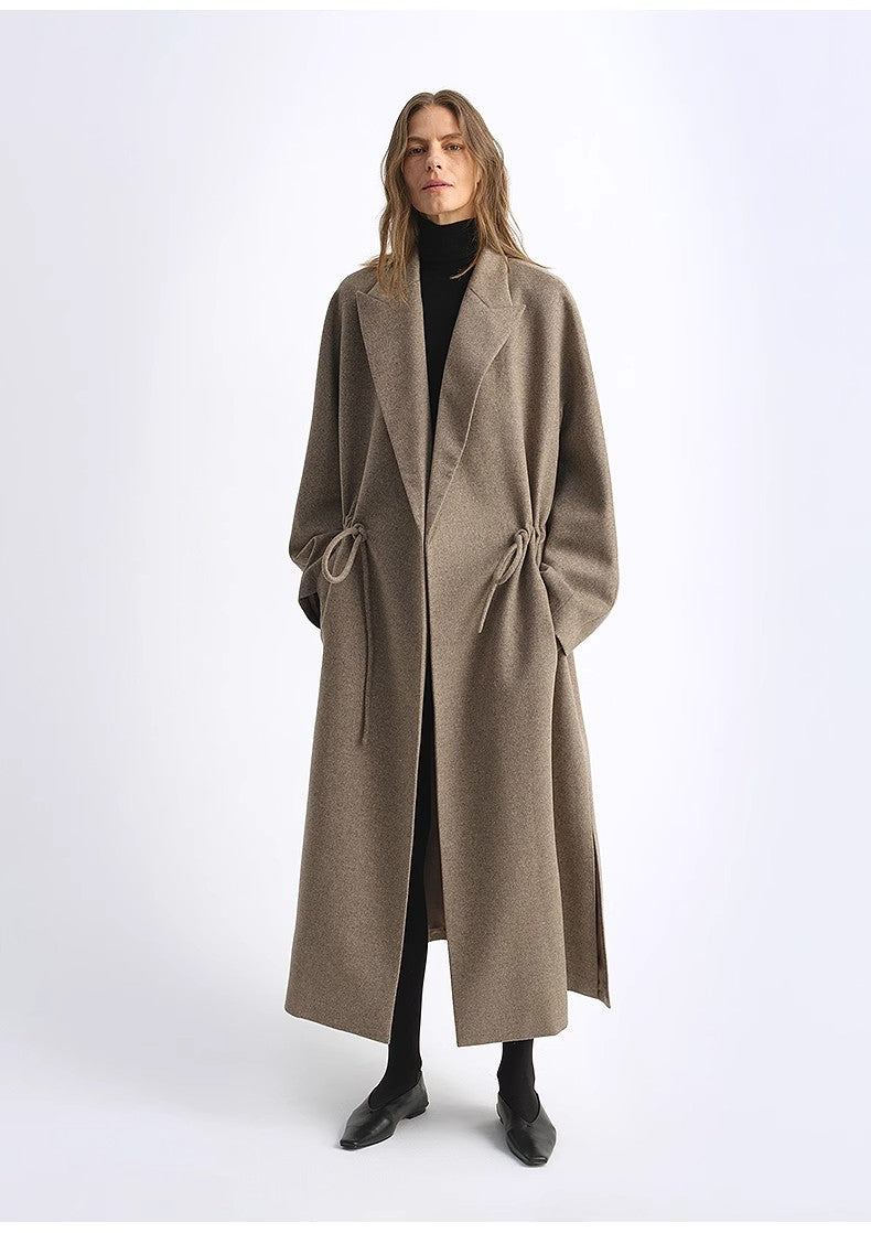 "Desert Heart"women's Original Color Wool Peaked Lapel Drawstring Mid-Length Wool Coat