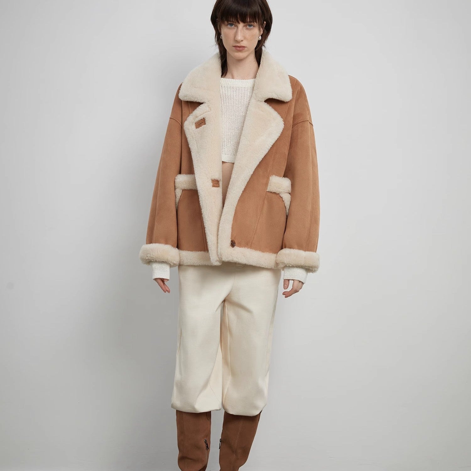 “Shepherds” Lapel Biker Wind Wool Artificial Compound Suede Shearling Coat  Female