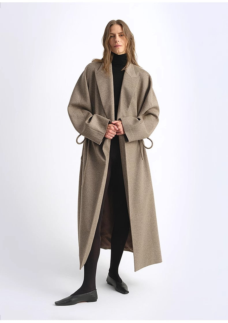 "Desert Heart"women's Original Color Wool Peaked Lapel Drawstring Mid-Length Wool Coat