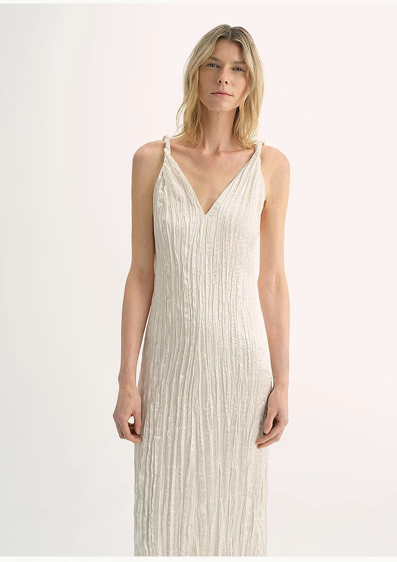 Three-Dimensional Wave Drape Pleated V-Neck Suspender Dress