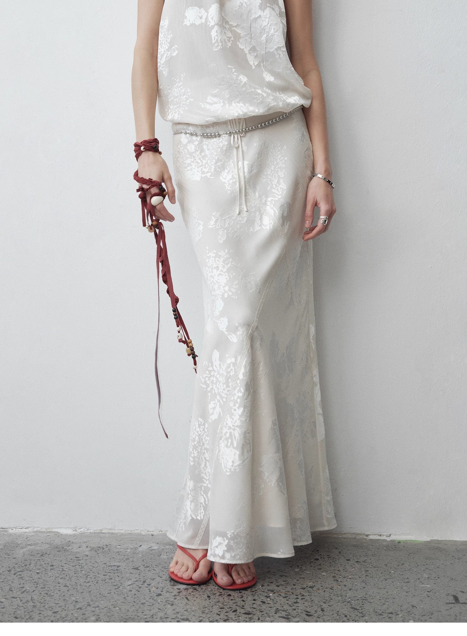 "Seville" Bias-Cut Fishtail Midi Skirt in Burnt Pattern Material