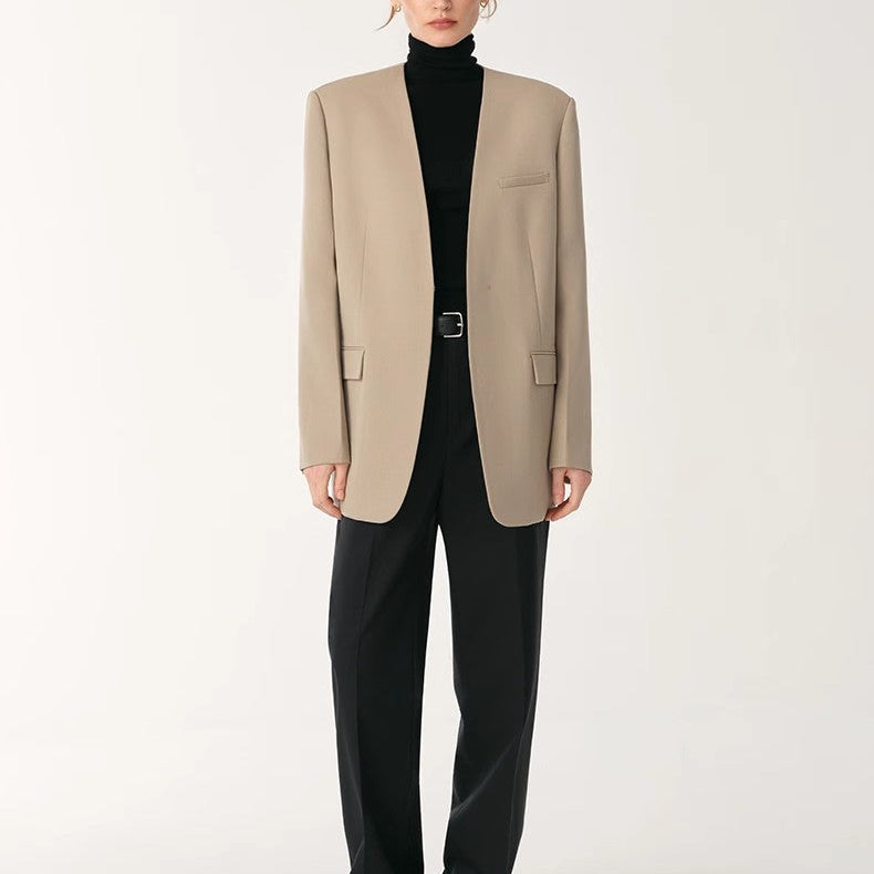 Australian Merino Wool Classic Simple Collarless Deep V-Neck Blazer
