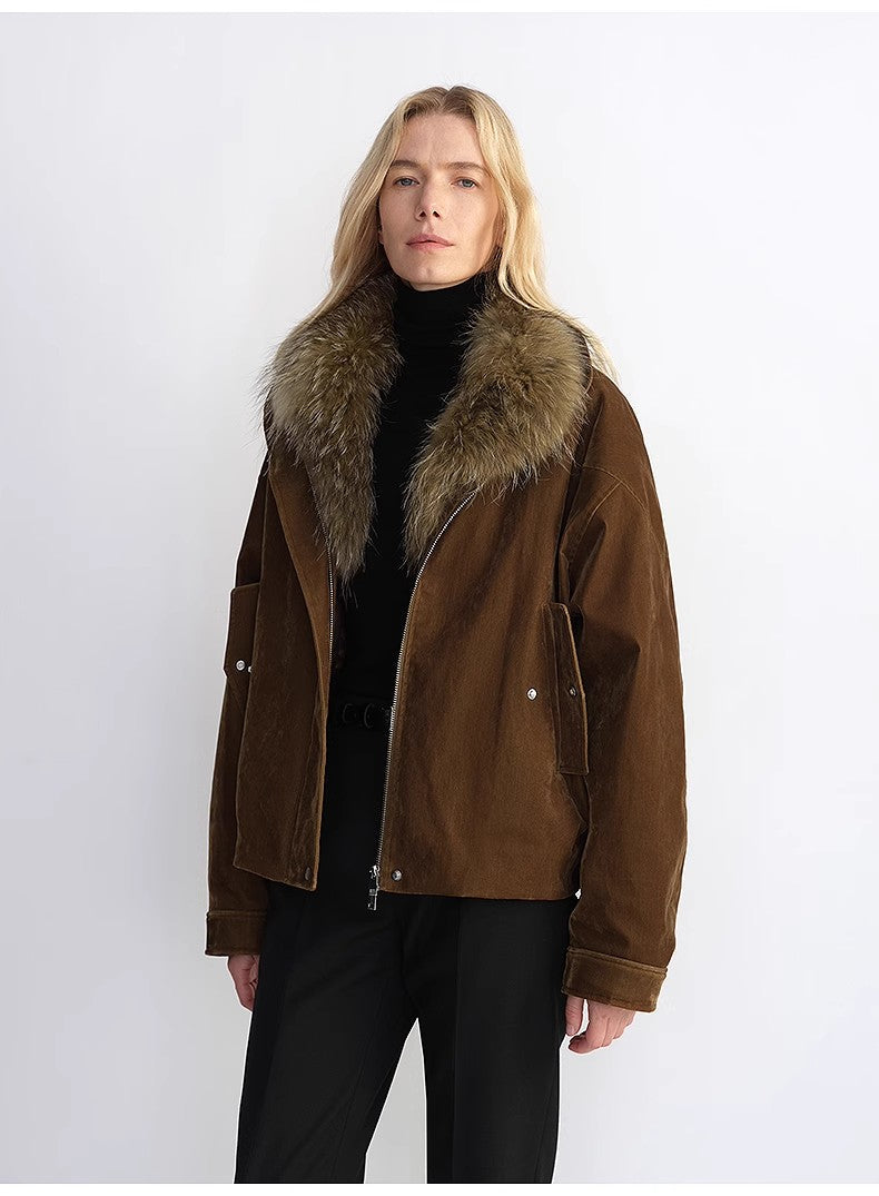 Fireladyfur Women's Loose Parka With Detachable Raccoon Fur Collar