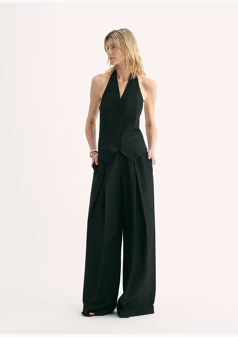 Silk Linen Pleated Wide Leg A-Line Trousers Casual Pants