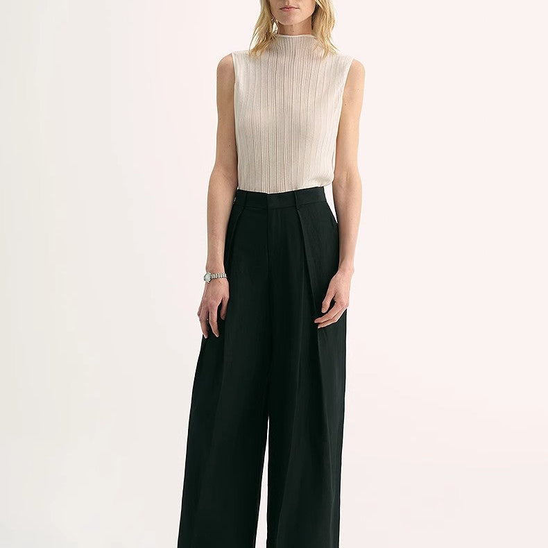 Silk Linen Pleated Wide Leg A-Line Trousers Casual Pants