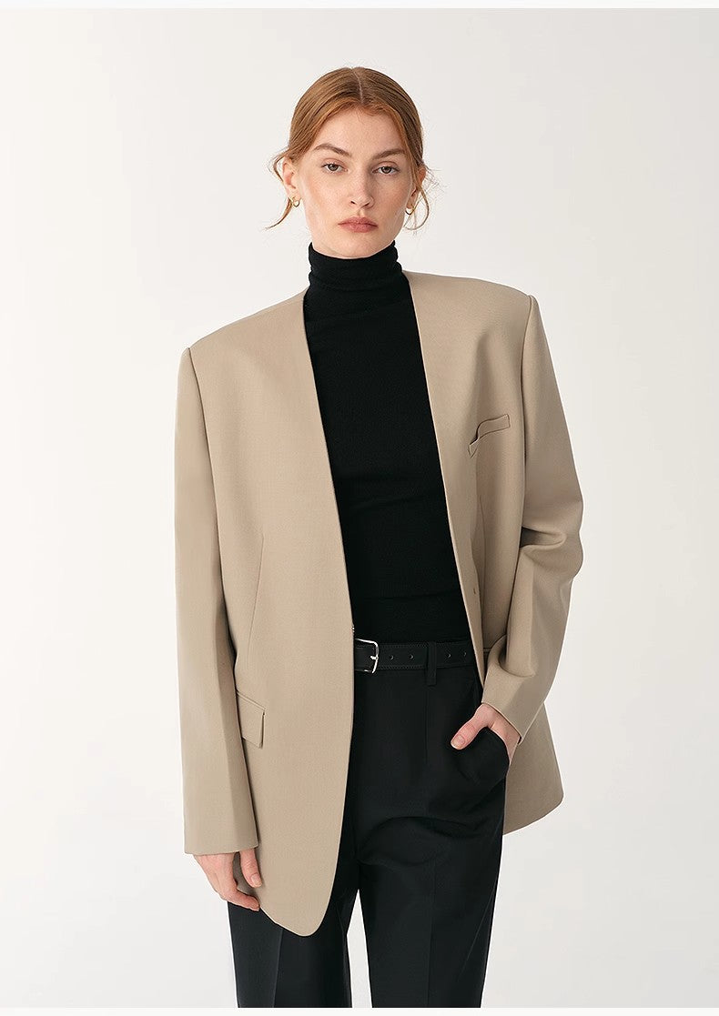 Australian Merino Wool Classic Simple Collarless Deep V-Neck Blazer