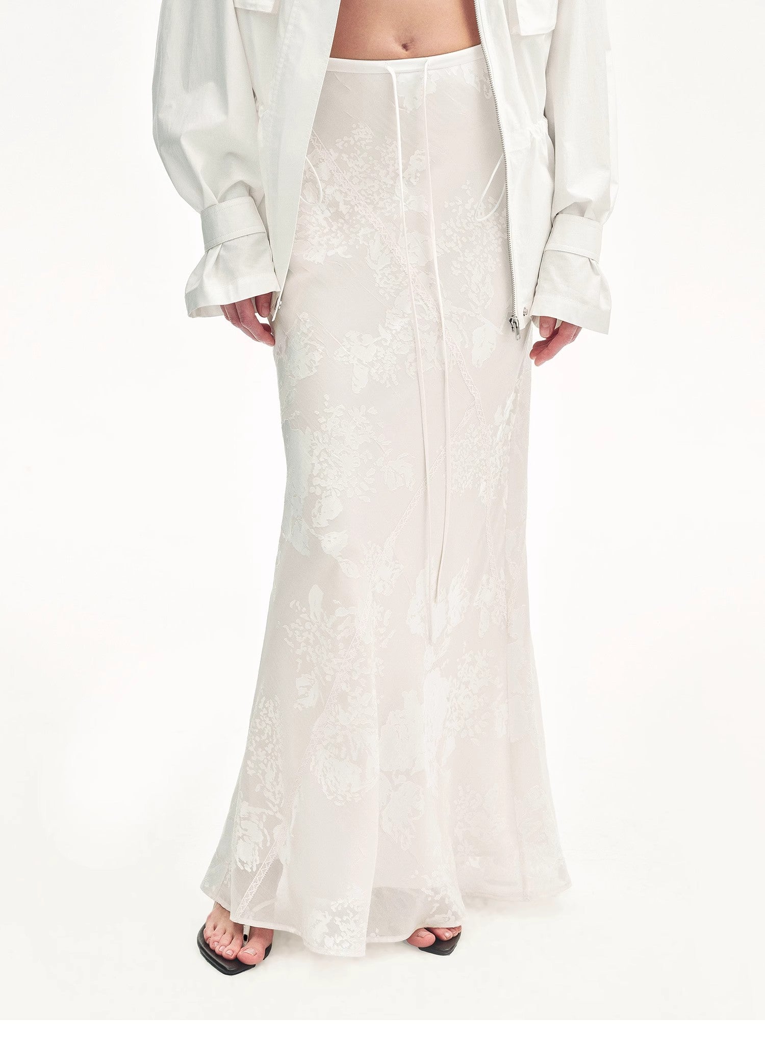 "Seville" Bias-Cut Fishtail Midi Skirt in Burnt Pattern Material