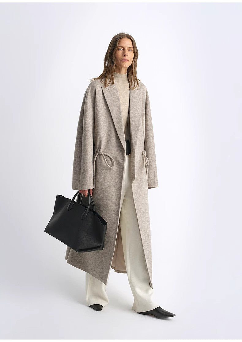"Desert Heart"women's Original Color Wool Peaked Lapel Drawstring Mid-Length Wool Coat