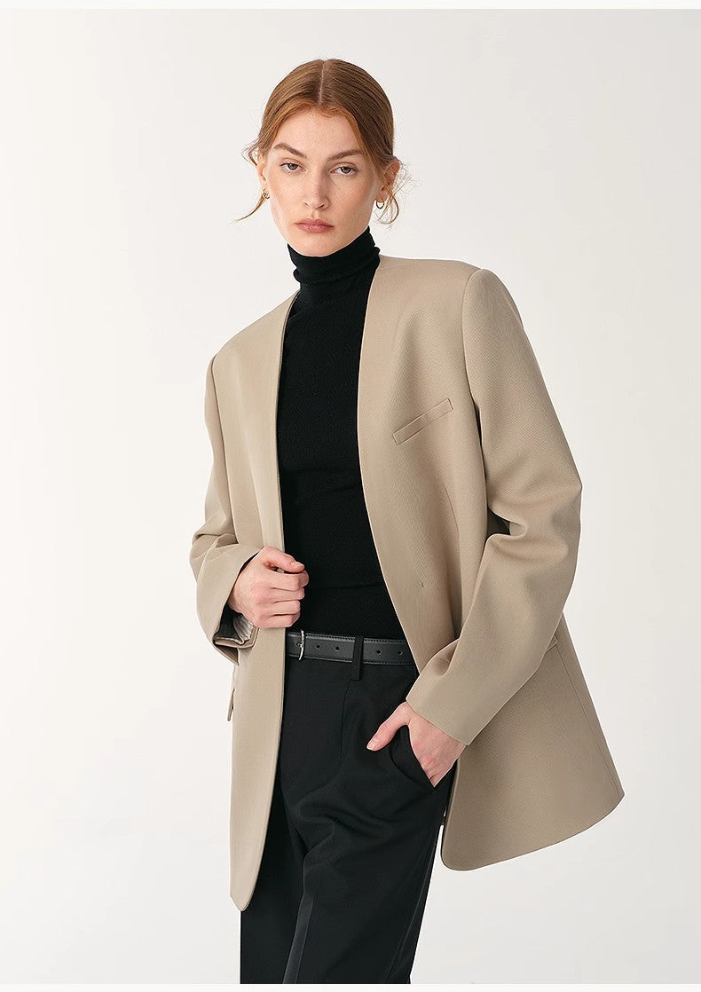 Australian Merino Wool Classic Simple Collarless Deep V-Neck Blazer