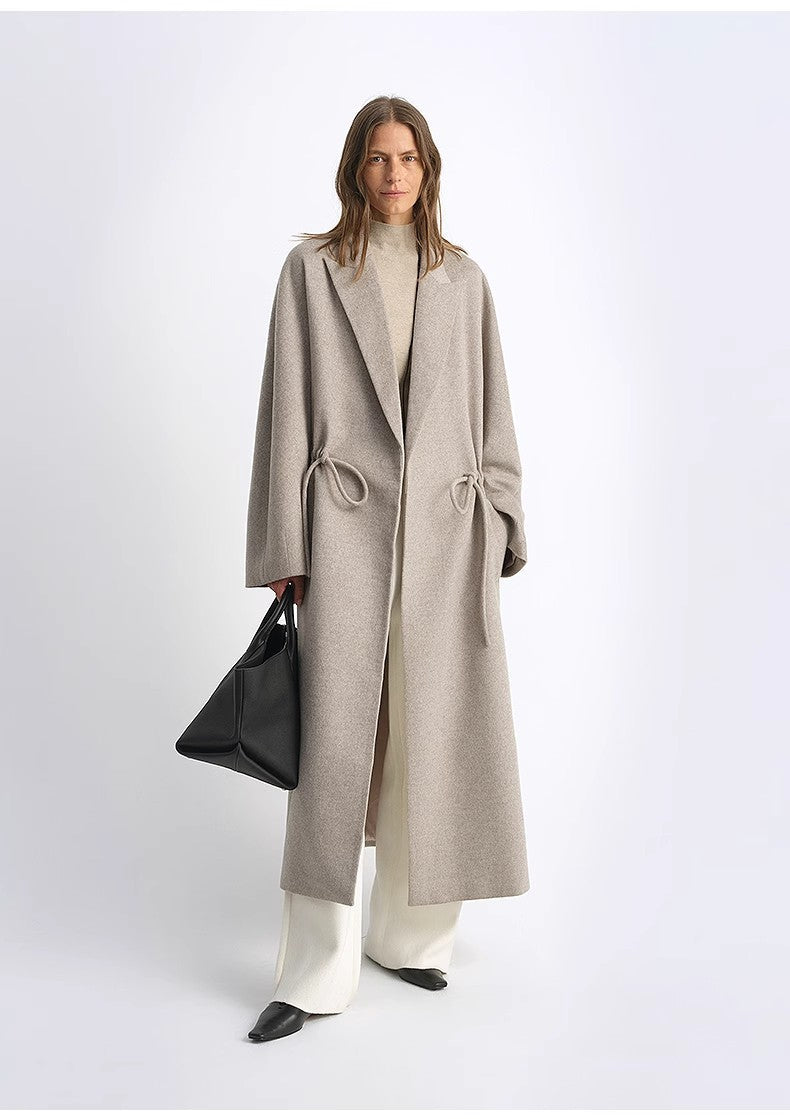 "Desert Heart"women's Original Color Wool Peaked Lapel Drawstring Mid-Length Wool Coat