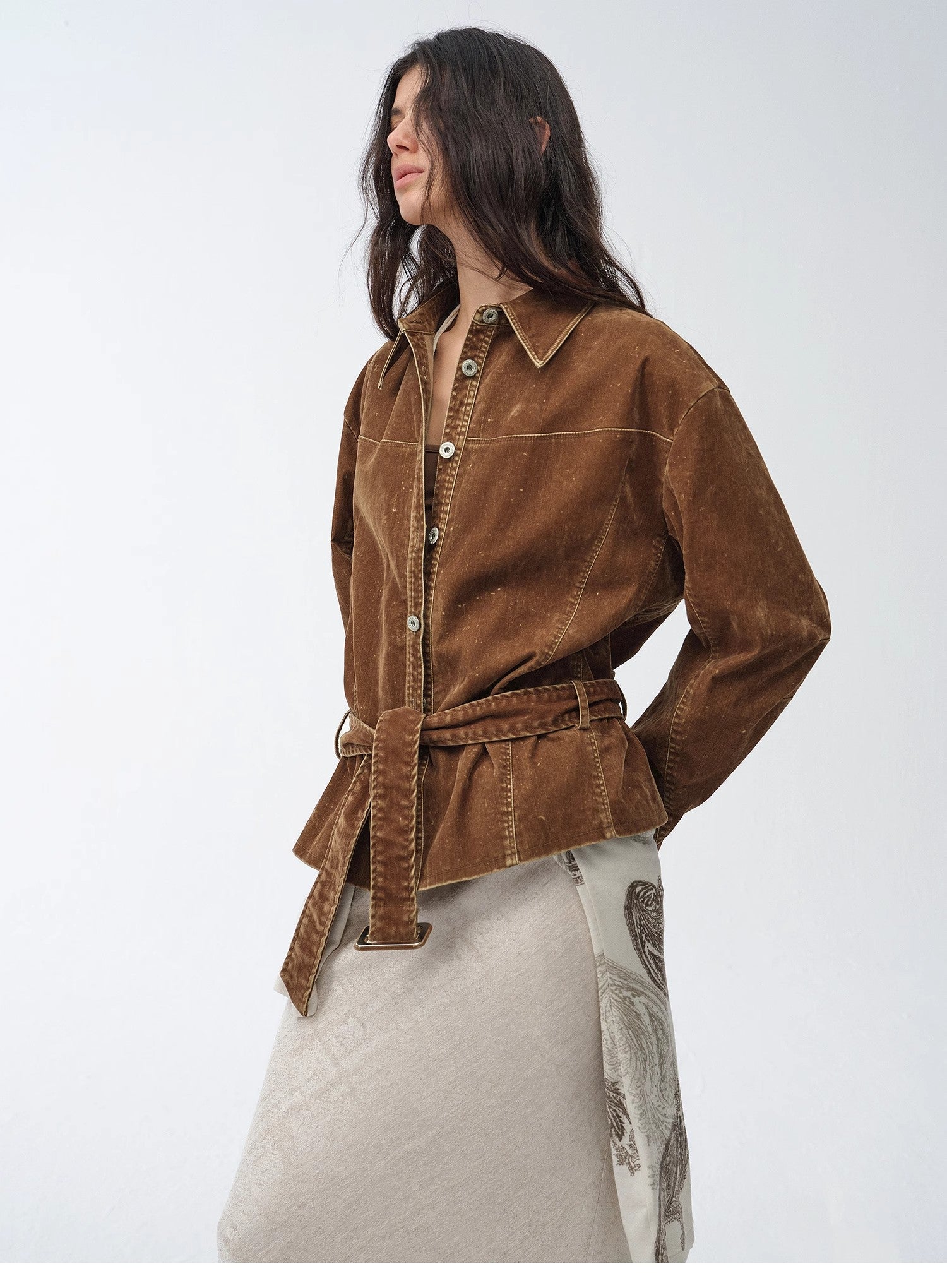 "Haruno Dream" Retro Distressed Flocked Denim Low Waistband Long Sleeve Shirt Women's Jacket