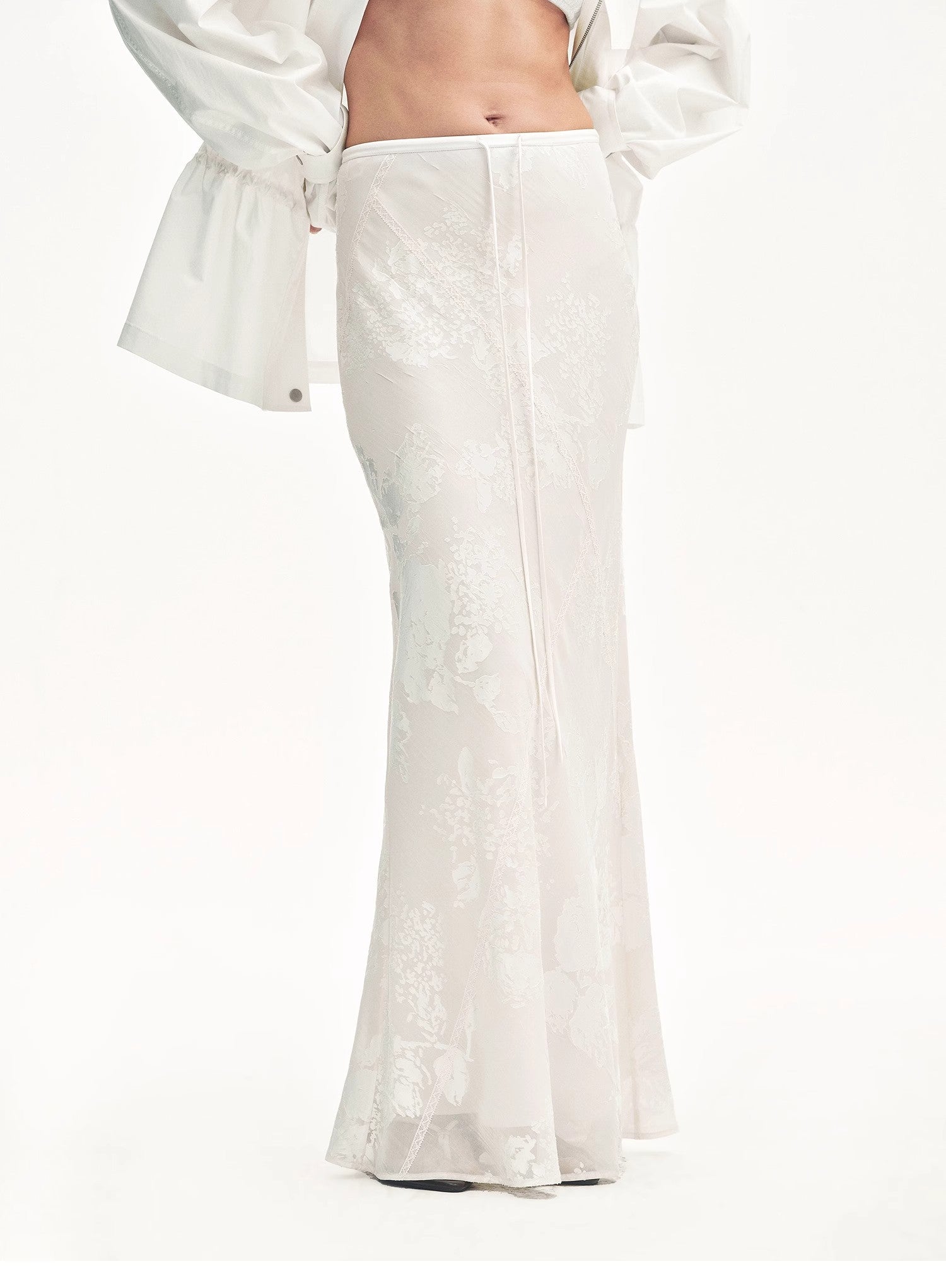 "Seville" Bias-Cut Fishtail Midi Skirt in Burnt Pattern Material