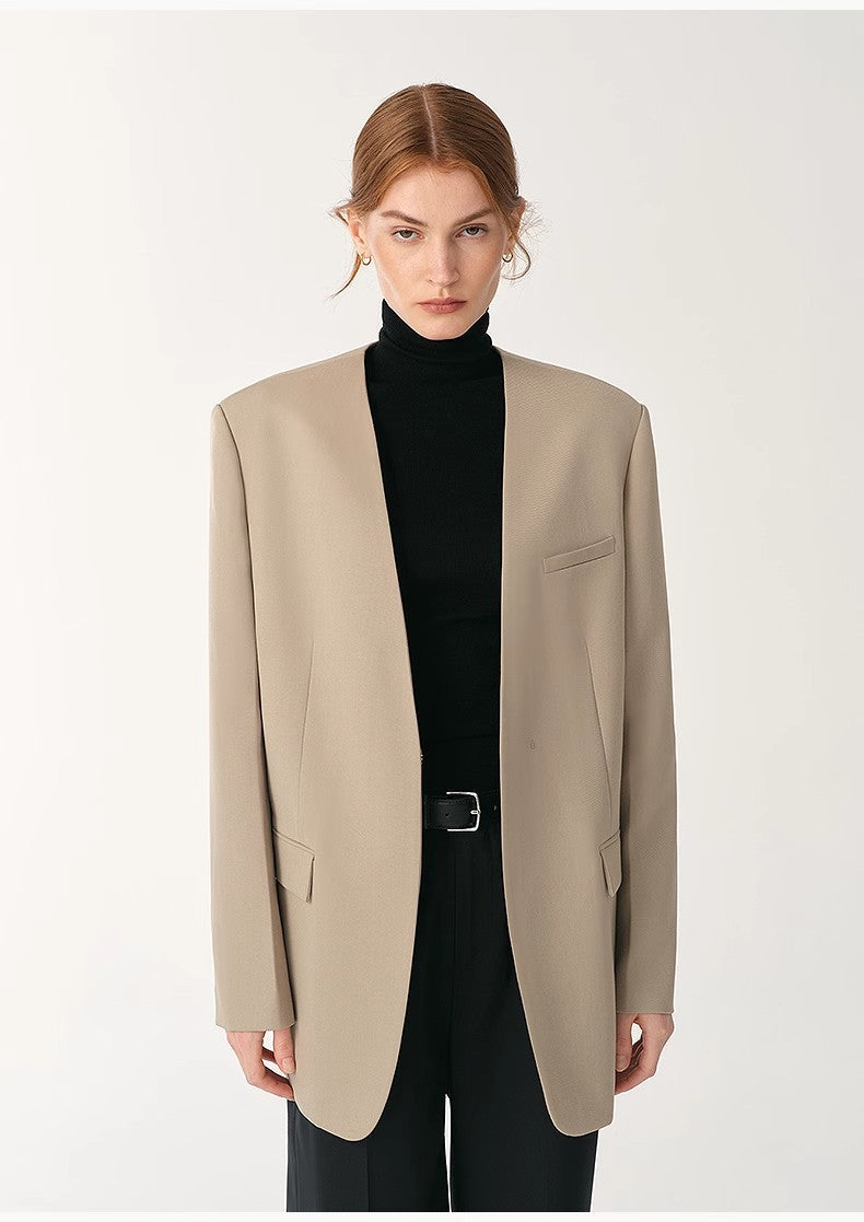 Australian Merino Wool Classic Simple Collarless Deep V-Neck Blazer