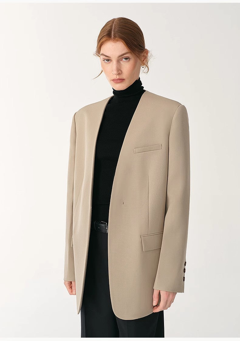 Australian Merino Wool Classic Simple Collarless Deep V-Neck Blazer