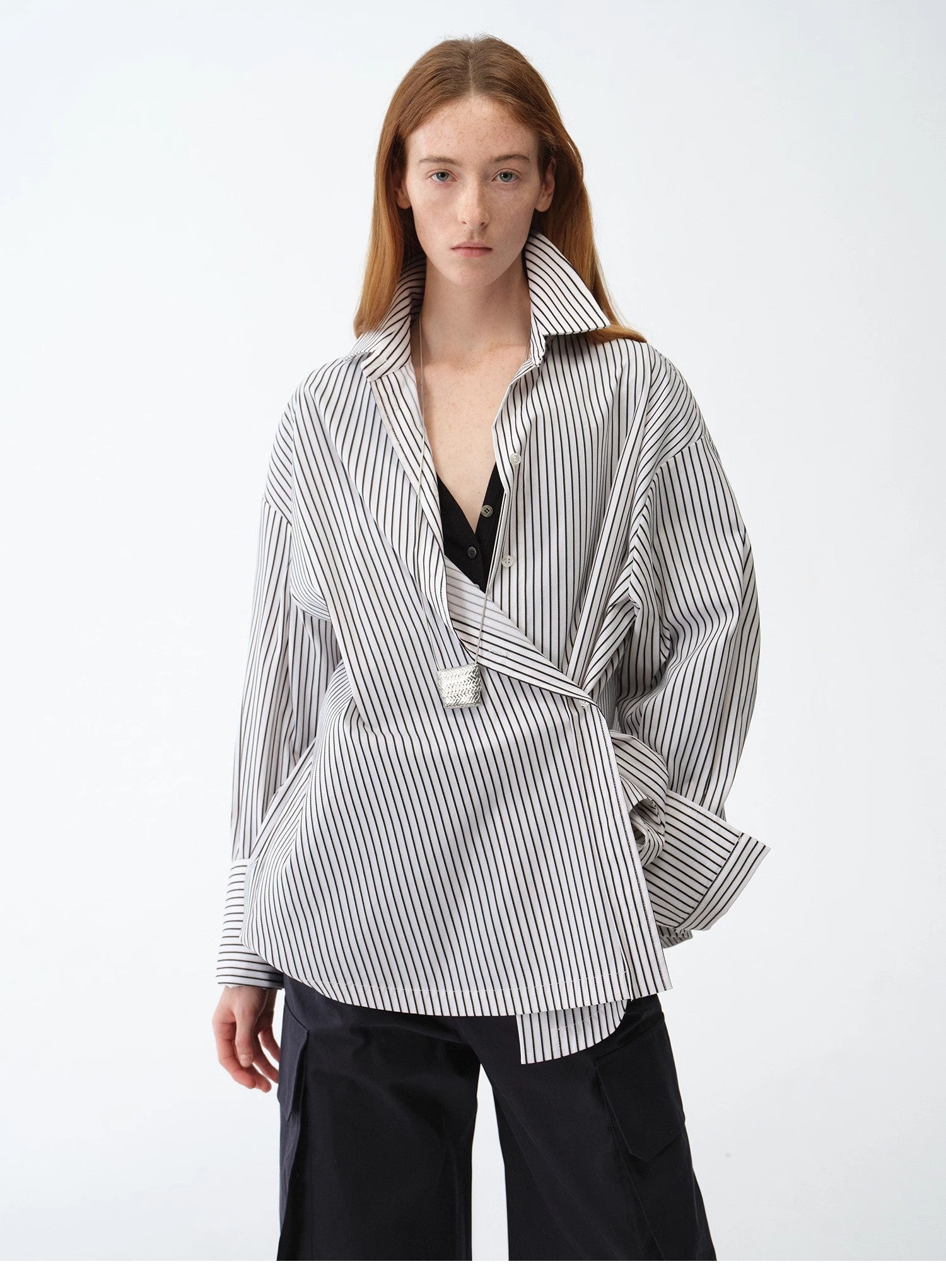 "Striped Fantasy" Casual Asymmetric Slanted Front Two-Wear Striped Long Sleeve Shirt