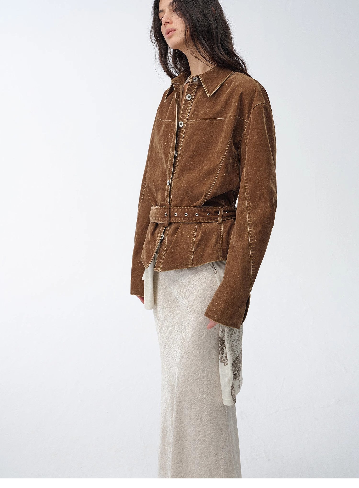 "Haruno Dream" Retro Distressed Flocked Denim Low Waistband Long Sleeve Shirt Women's Jacket