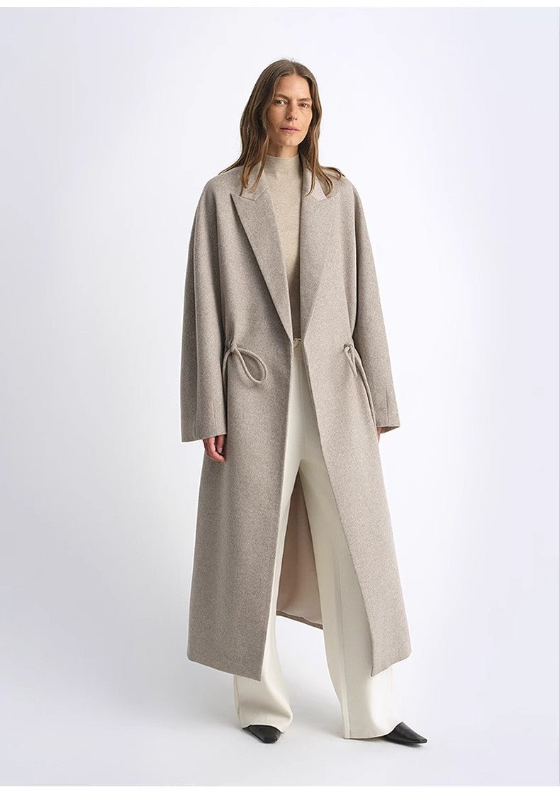"Desert Heart"women's Original Color Wool Peaked Lapel Drawstring Mid-Length Wool Coat