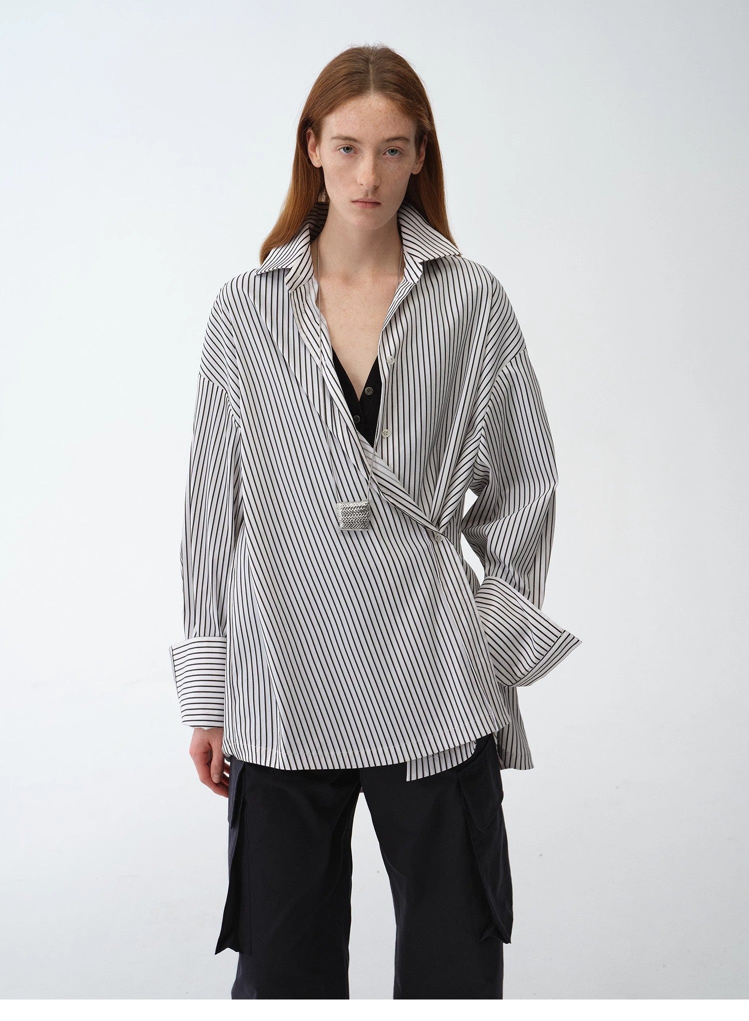 "Striped Fantasy" Casual Asymmetric Slanted Front Two-Wear Striped Long Sleeve Shirt