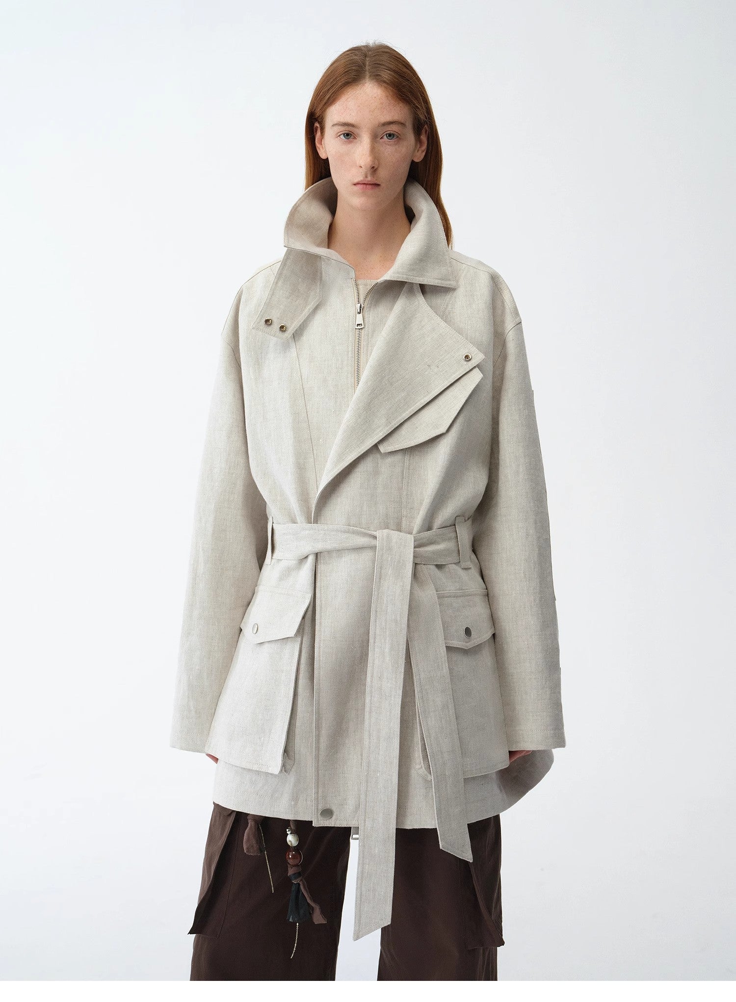 Relaxed Gold Linen Blend Lace-Up Mid-Length Trench Coat Spring"Flynn Magazine"