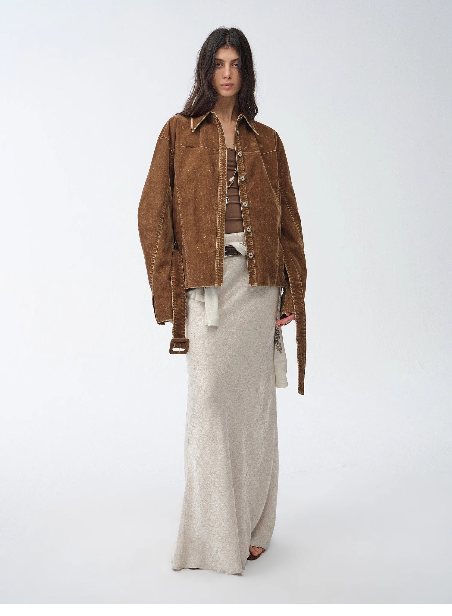 "Haruno Dream" Retro Distressed Flocked Denim Low Waistband Long Sleeve Shirt Women's Jacket