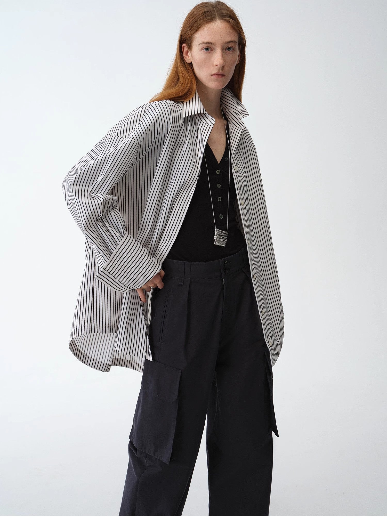 "Striped Fantasy" Casual Asymmetric Slanted Front Two-Wear Striped Long Sleeve Shirt