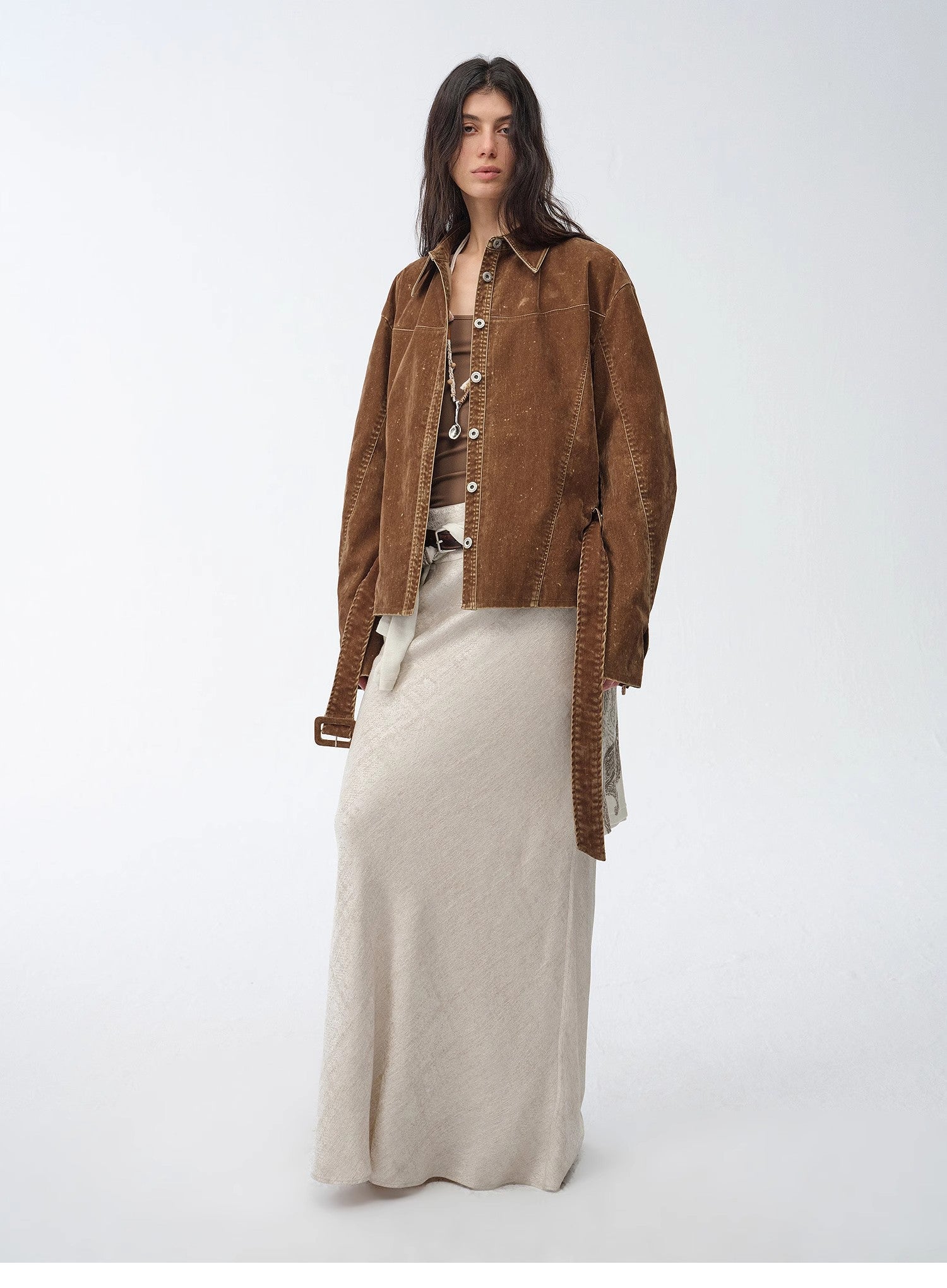 "Haruno Dream" Retro Distressed Flocked Denim Low Waistband Long Sleeve Shirt Women's Jacket